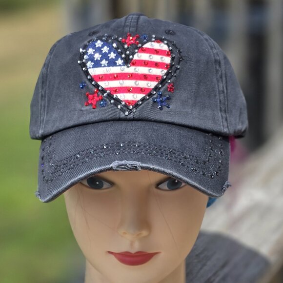 Ladies Black USA Heart BLING Hat NEW - Picture 1 of 4